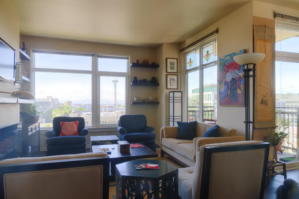Bright, Zen-Inspired Condo Living Room Neutral Asian Living Room With Neutral Sofa & Blue Armchairs