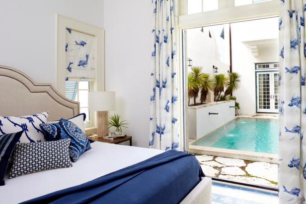 Blue and White Transitional Bedroom With Fish Print Curtains Blue and White Transitional Bedroom With Fish Print Curtains