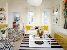 Midcentury Modern White Living Room With Yellow Accents
