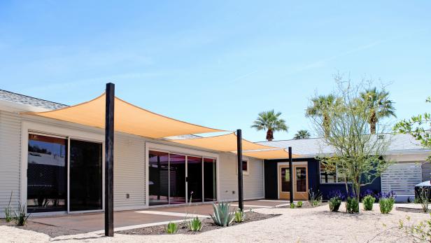 Ranch Style Back Porch With Shade Sail and Yellow Door Ranch Style Back Porch With Shade Sail and Yellow Door