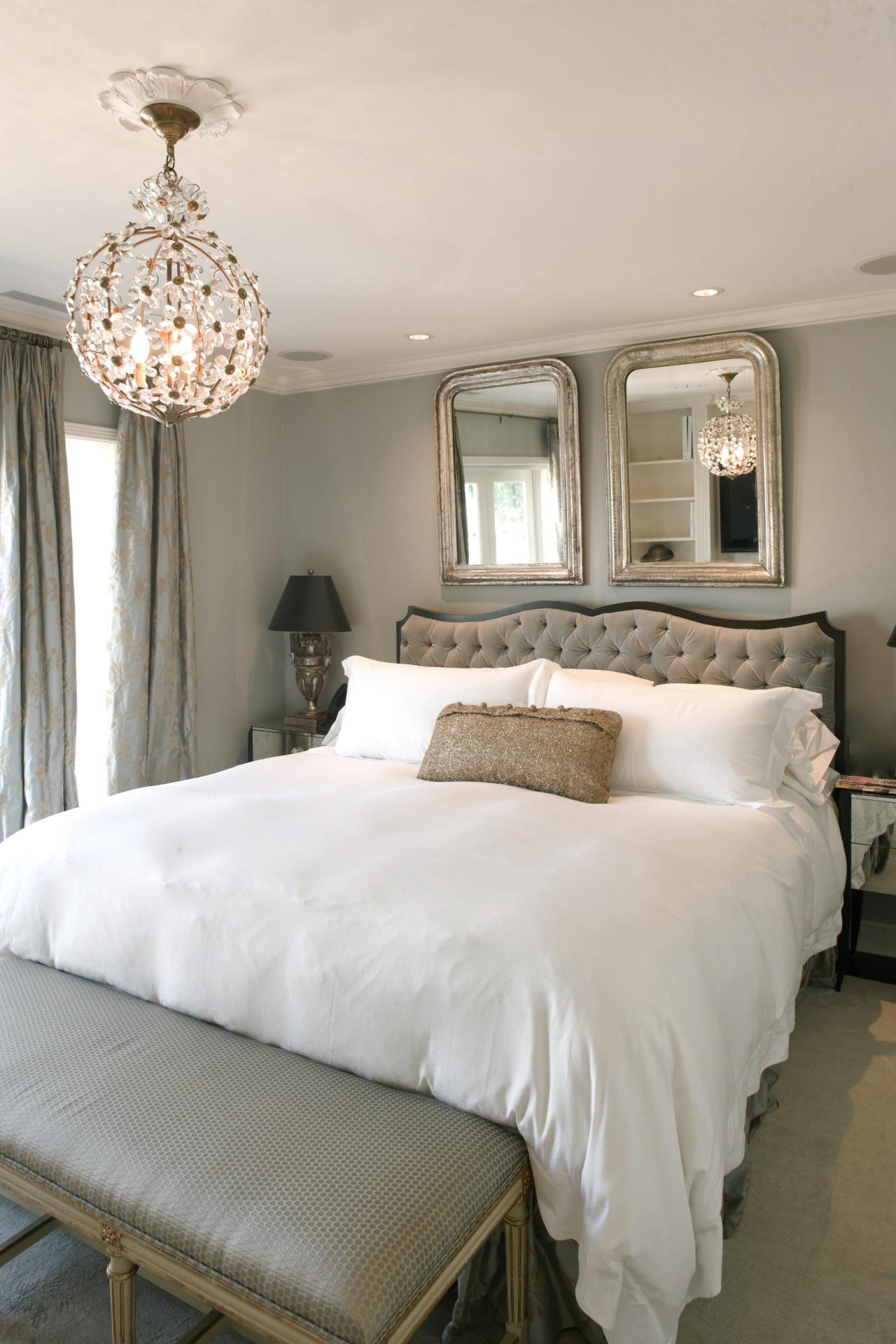 Sophisticated Gray Bedroom With Whimsical Chandelier Hgtv