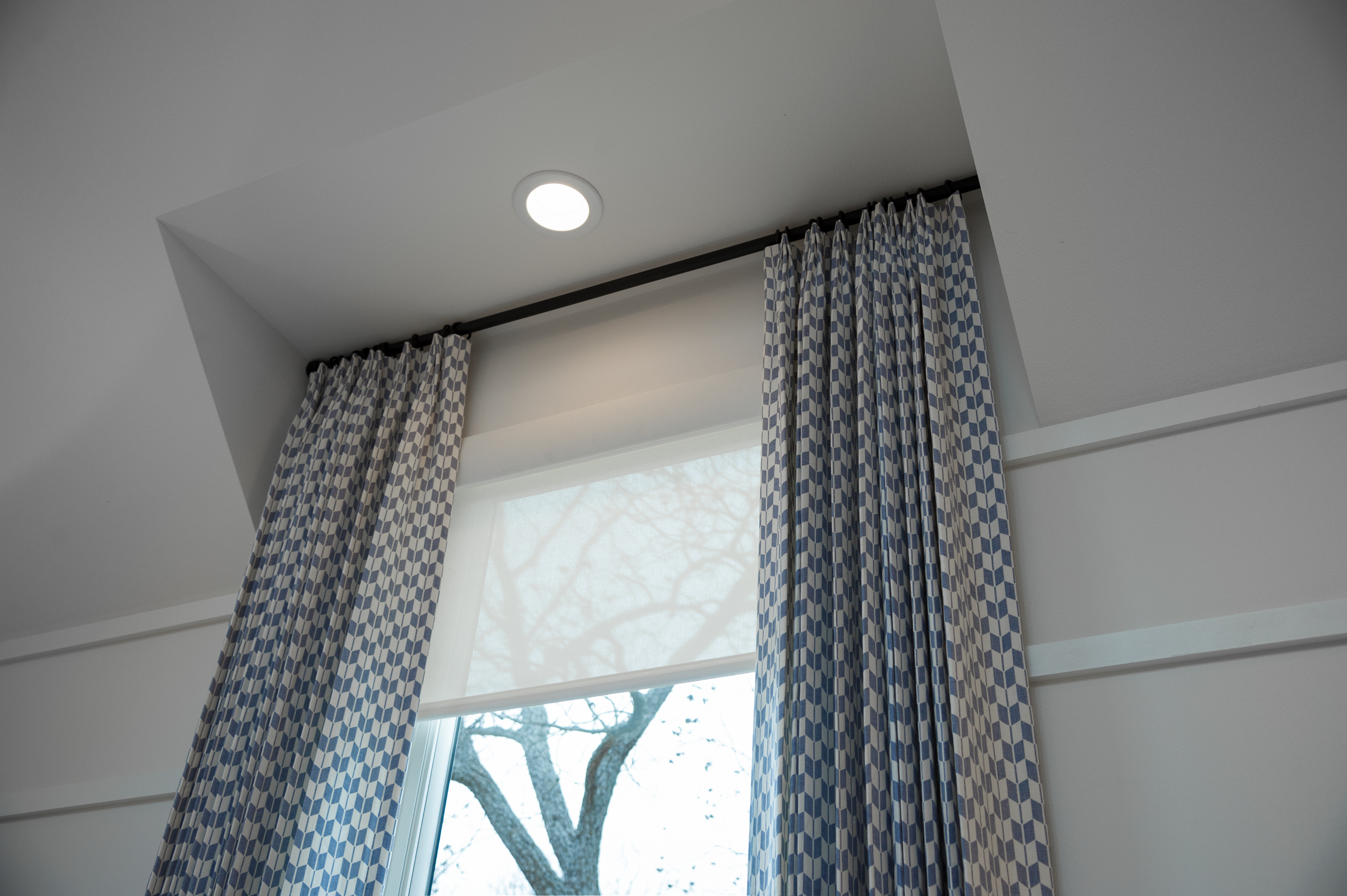 cream and light blue curtains