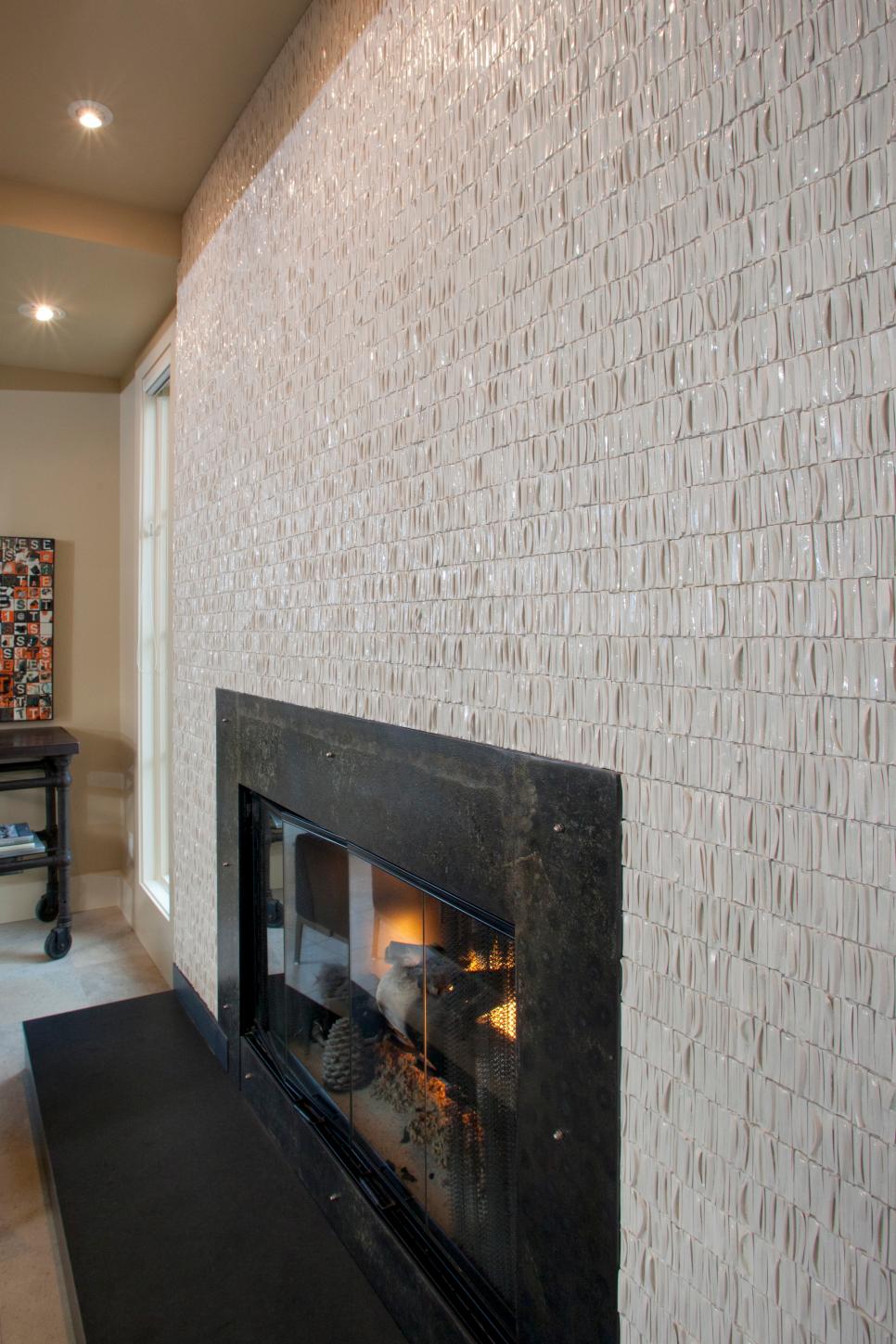 Custom Black Fireplace With Textured Tile Surround Contemporary Black Fireplace With Neutral Surround