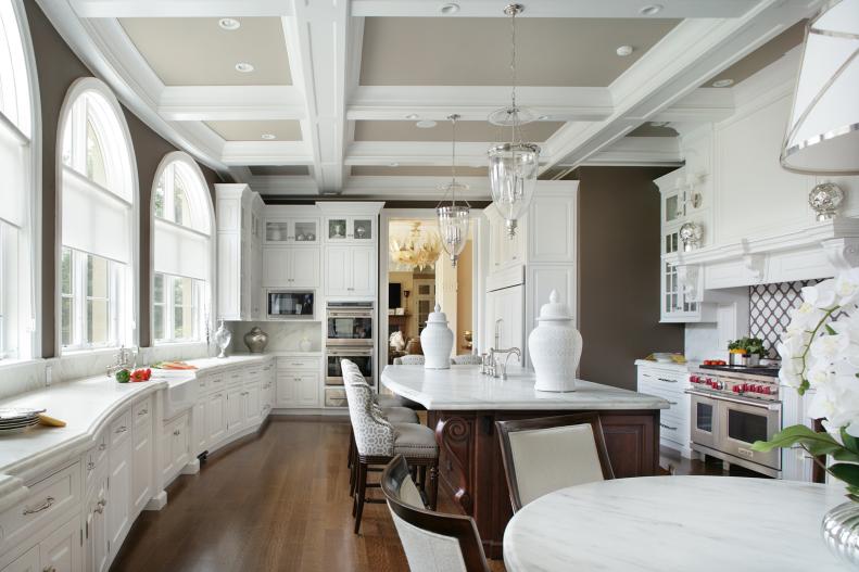 Neutral Open Kitchen With Coffered Ceiling & Center Island
