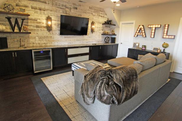 Cozy, Rustic Media Room With Whitewashed Wood Feature Wall Cozy, Rustic Media Room With Whitewashed Wood Feature Wall