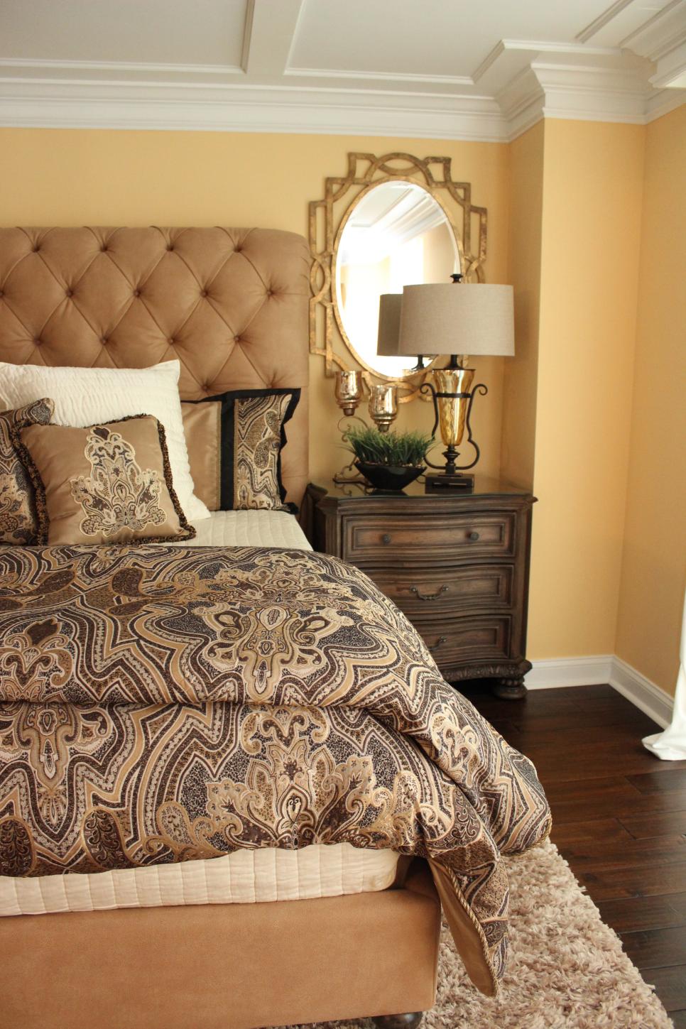 Hotel-Inspired Master Bedroom With Oversized Tufted Headboard Master Bedroom With Large, Tufted Headboard and Dark Hardwood Floors