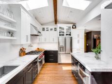White Contemporary Kitchen With Skylights and Paneled Ceiling