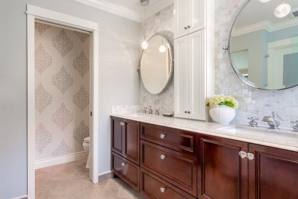 Transitional Master Bathroom With Spacious Cherry Wood Vanity 