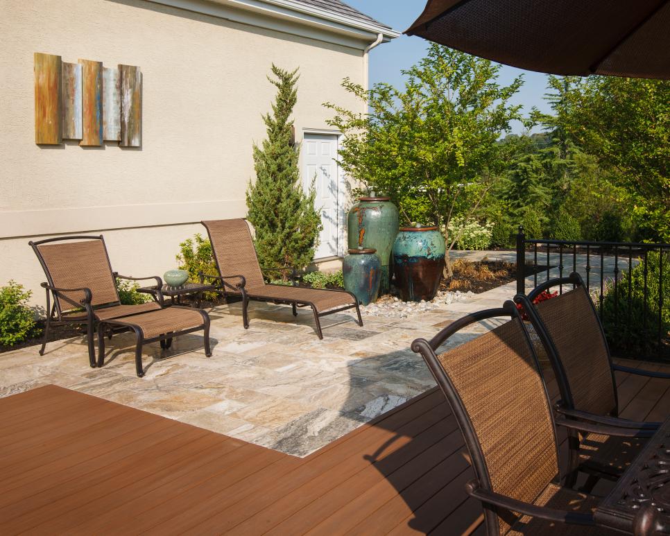 Patio With Wood Dining Deck and Lounge Area Patio With Elevated Wood Deck, Lounge Area and Dining Area