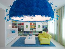 Blue Pendant Dome, Blue Rug & Yellow Chairs in Contemporary Library