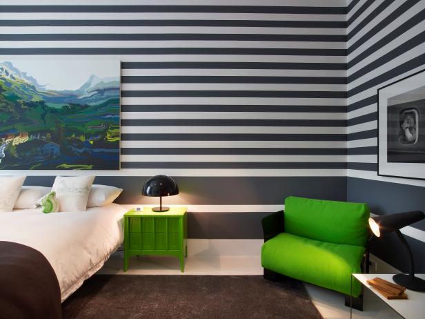 Modern Guest Room Features Striped Walls & Bold Green Accents Modern Guest Room Features Striped Walls & Bold Green Accents