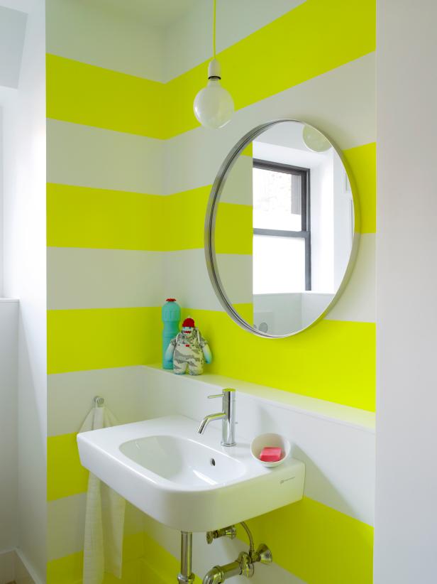 Neon Stripes Energize Small Bathroom Neon Stripes Energize Small Bathroom