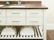 White Vanity With Open Shelf, Brown Countertop, Undermount Sink