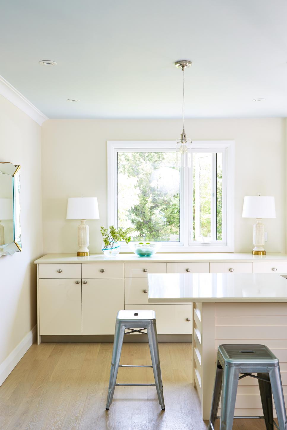 White Eat-In Kitchen From Sarah Sees Potential White Kitchen With Mid-Century Modern Decor