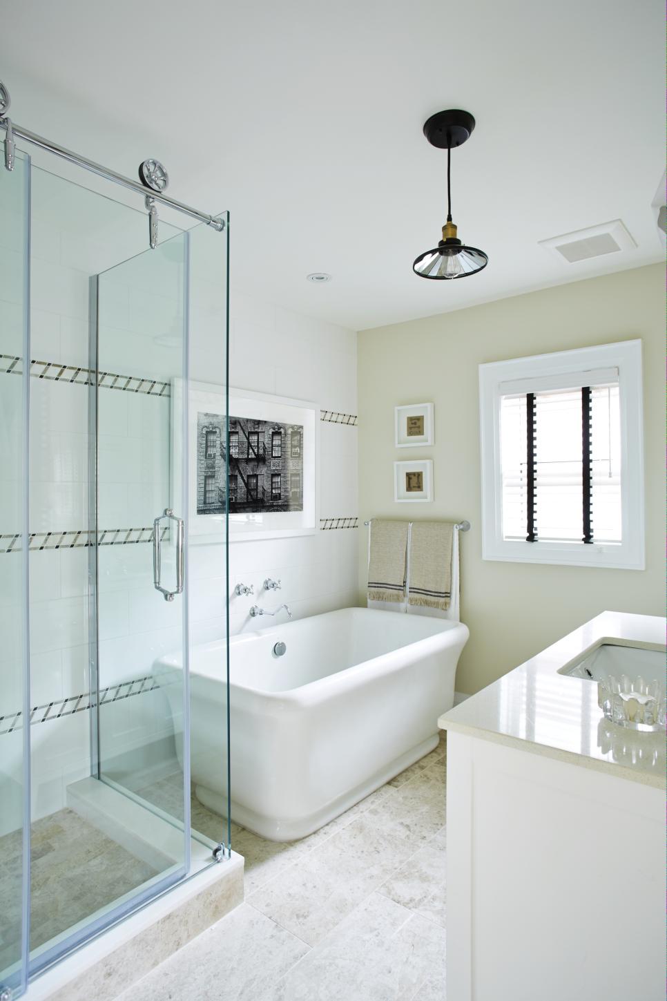 Spacious, Industrial Modern Bathroom from Sarah Sees Potential White Master Bathroom With Contemporary Decor