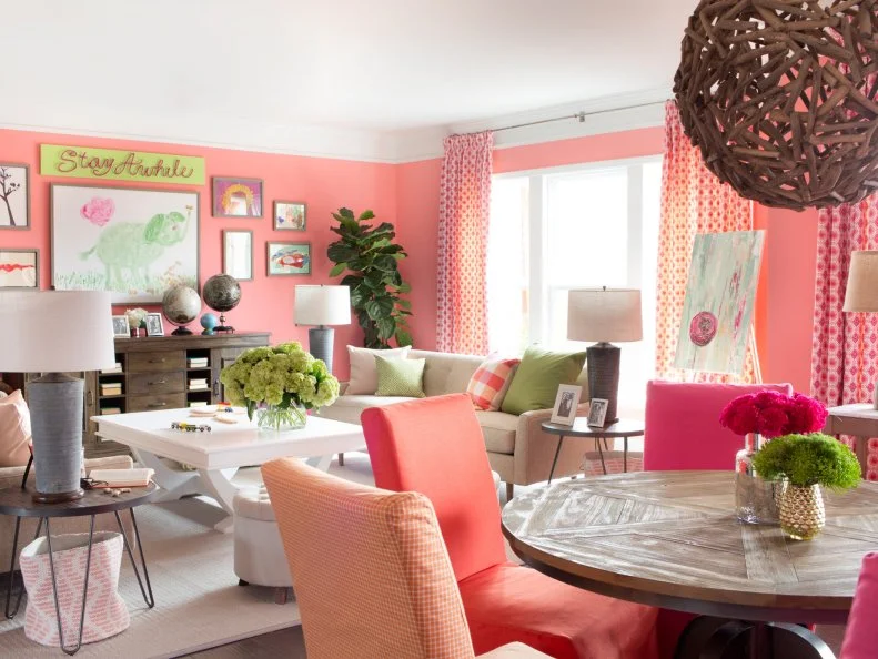 Coral Living Room With Round Wood Dining Table