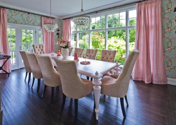 Fun, Feminine Dining Room With Soft Pink & Pastel Green Fun, Feminine Dining Room With Soft Pink & Pastel Green