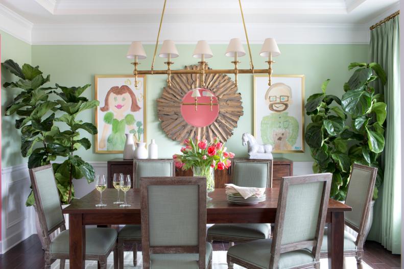 Equally appealing for parents and kids, this light-filled, Atlanta-area dining room is packed with bright color, classic style furnishings, forgiving fabrics and playful moments of pause. Its lead color, a carefully chosen spring green, is gender neutral and befitting of all age groups.