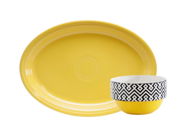 Nellie 5"-diameter ceramic bowls in yellow, $60 for a set of 6, luluandgeorgia.com; Fiesta 13 3/4"-diameter china platter in sunflower, $26, homerlaughlin.com