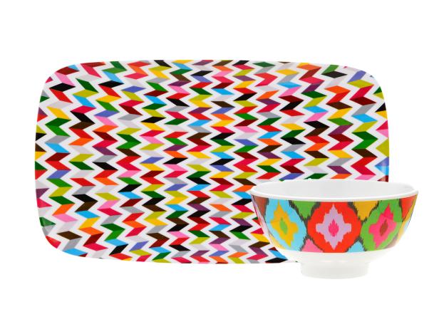 Multi Mini 4 1/2"-diameter melamine bowls, $26 for a mixed set of 4, and Ziggy 8" x 13 1/2" melamine platter, $18, both frenchbull.com