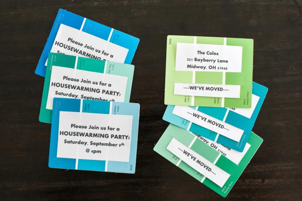 These easy ombre colors found at any hardware or home improvement store provide a splash of style to announce your next gathering. You'll need the following materials for this project: paint chips, printed or handwritten party invitations and change of address information, craft knife, scissors, metal ruler or straight edge, pencil and a glue stick.