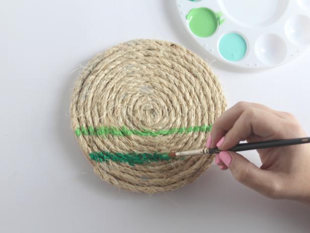 When dry, add fun stripes with the acrylic paint. Make each trivet slightly different and interesting.