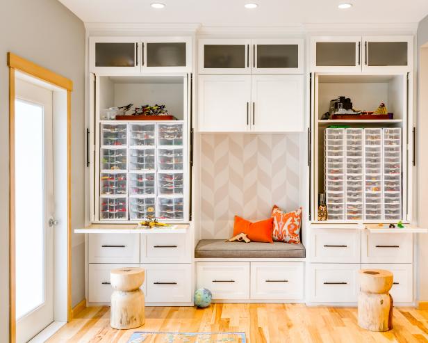 Gray and White Entry Way With Cabinets and Bench Gray and White Entry Way With Cabinets and Bench