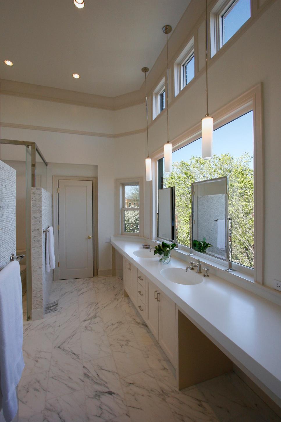Transitional Master Bathroom Offers Space for Two Transitional Neutral Double Vanity Bathroom With Marble Floors