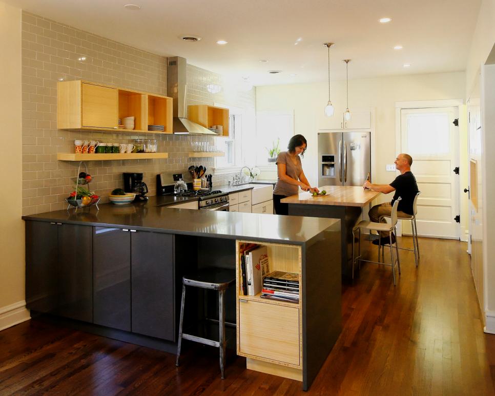 Contemporary Kitchen With Gray Subway Tile Backsplash Contemporary Neutral Kitchen With Light and Dark Cabinets