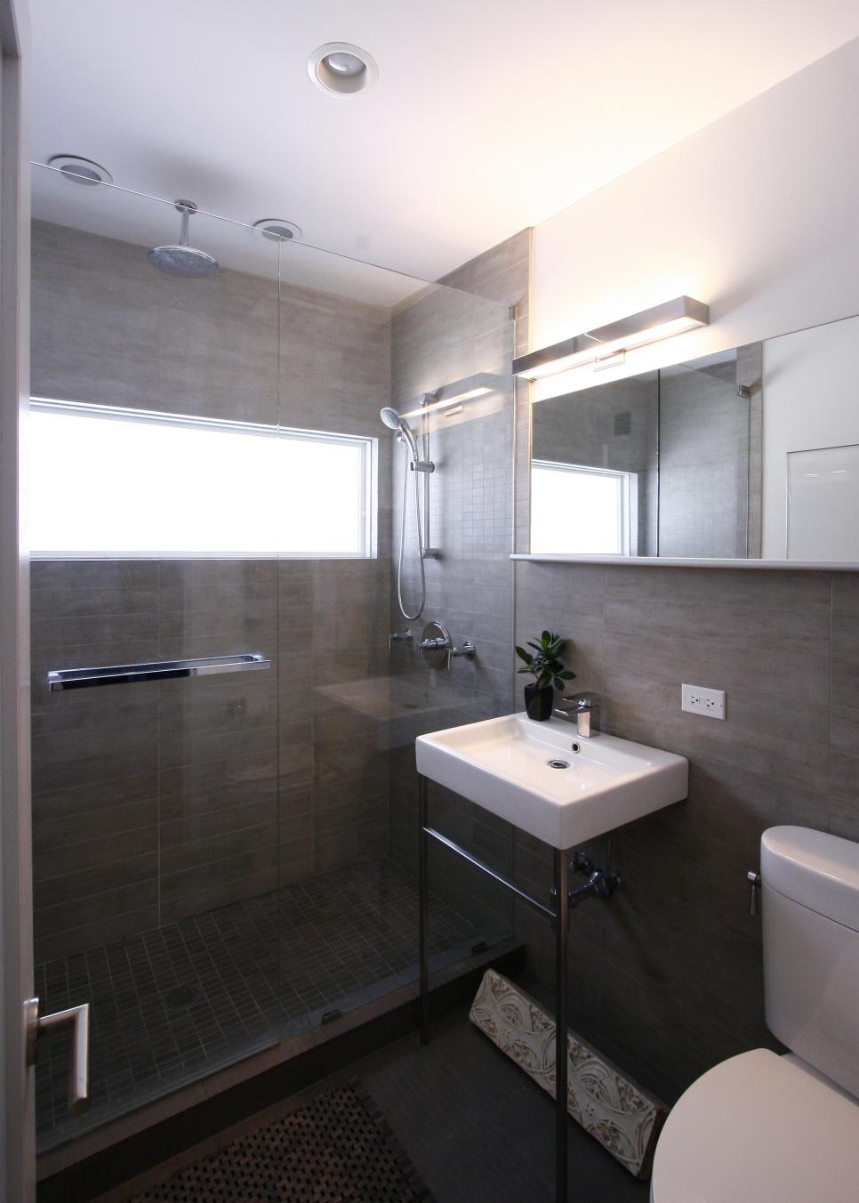 Contemporary Bathroom Features Sleek Gray Color Scheme Contemporary Gray Single Vanity Bathroom With Glass-Enclosed Shower