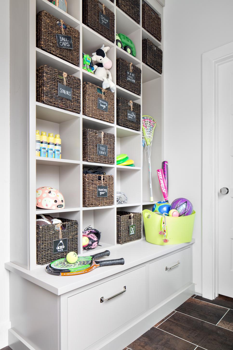 Contemporary Mudroom With Wicker Storage Baskets White Contemporary Mudroom With Brown Storage Containers