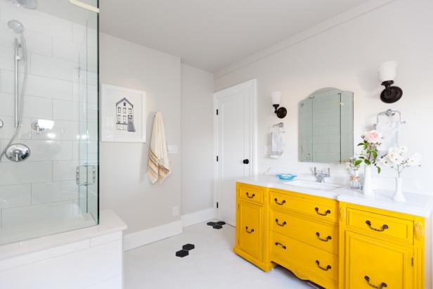 Bright Yellow Cabinets in Contemporary Bathroom Bright Yellow Cabinets in Contemporary Bathroom