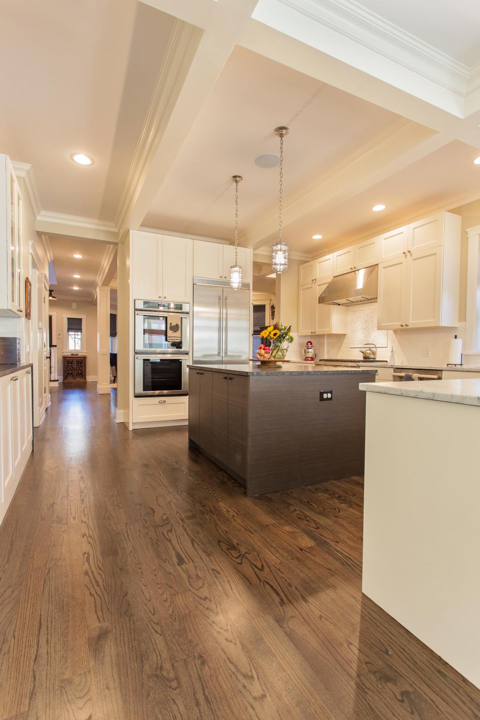 Transitional White Kitchen Boasts Coffered Ceiling Transitional White Kitchen With Brown Island