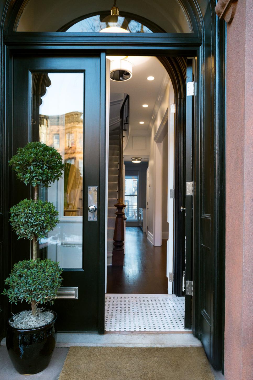 Park Slope Brownstone Entry Black Front Doors With Potted Topiary