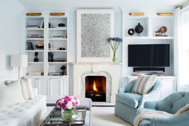 Cool Blue Living Room With Marble Fireplace Cool Blue Living Room With Marble Fireplace