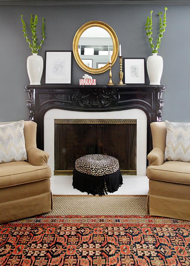 Traditional, Gray Living Space With Glossy Black Fireplace Traditional, Gray Sitting Room With Tan Chairs, Glossy Black Fireplace