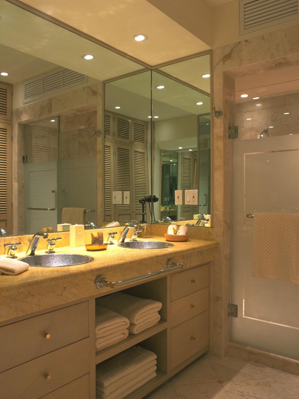 Transitional Bathroom With Neutral Color Palette Transitional Neutral Bathroom With Two Metal Sinks