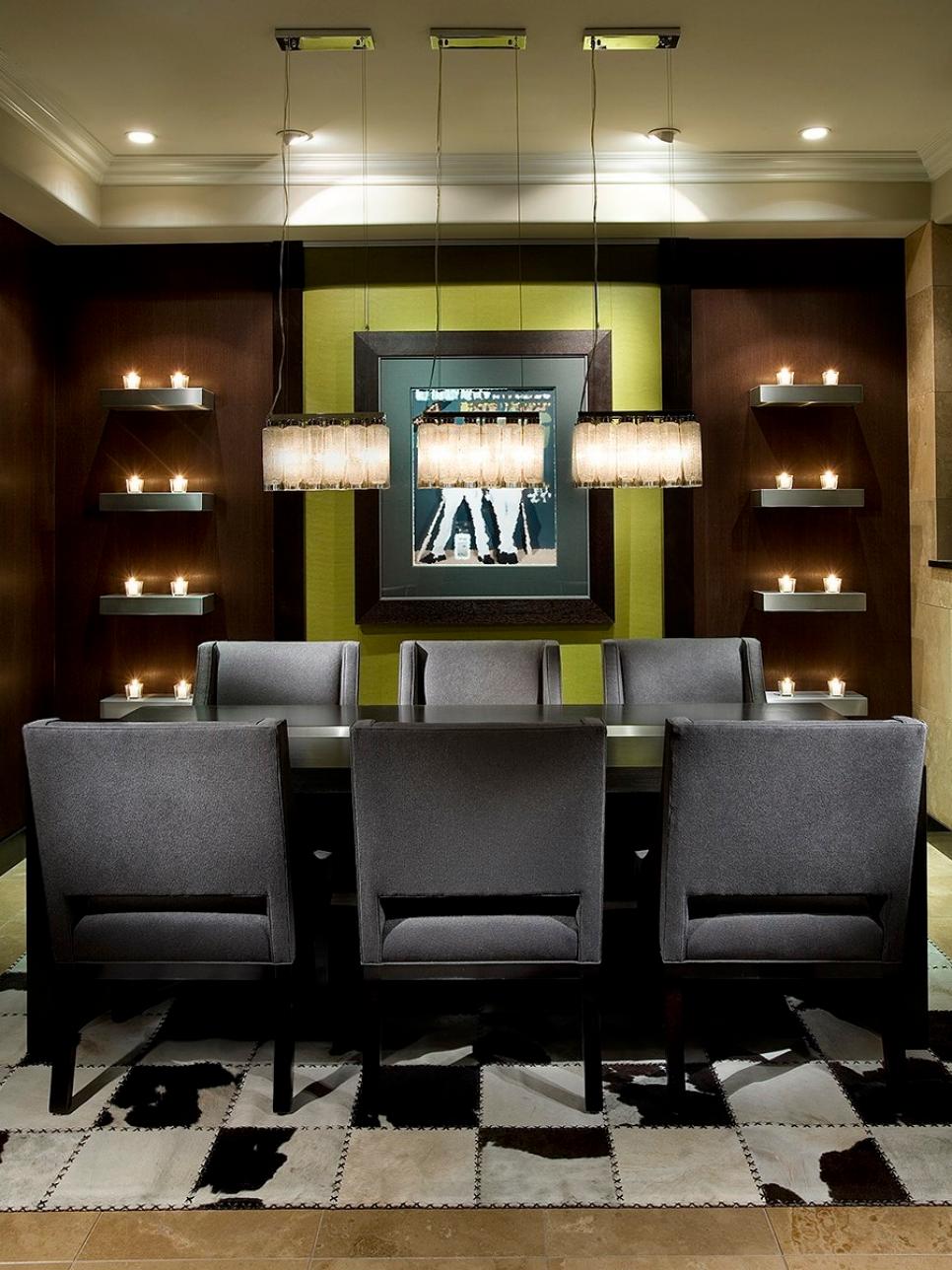 Drama Reigns in Contemporary Dining Room Contemporary Brown Dining Room With Green Art, Gray Dining Chairs