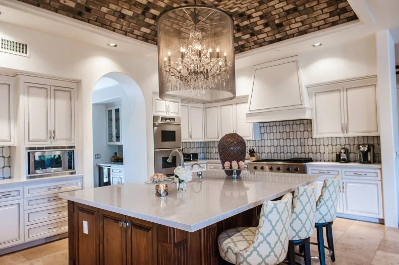 White Kitchen With Gray Mosaic Tile Vaulted Ceiling