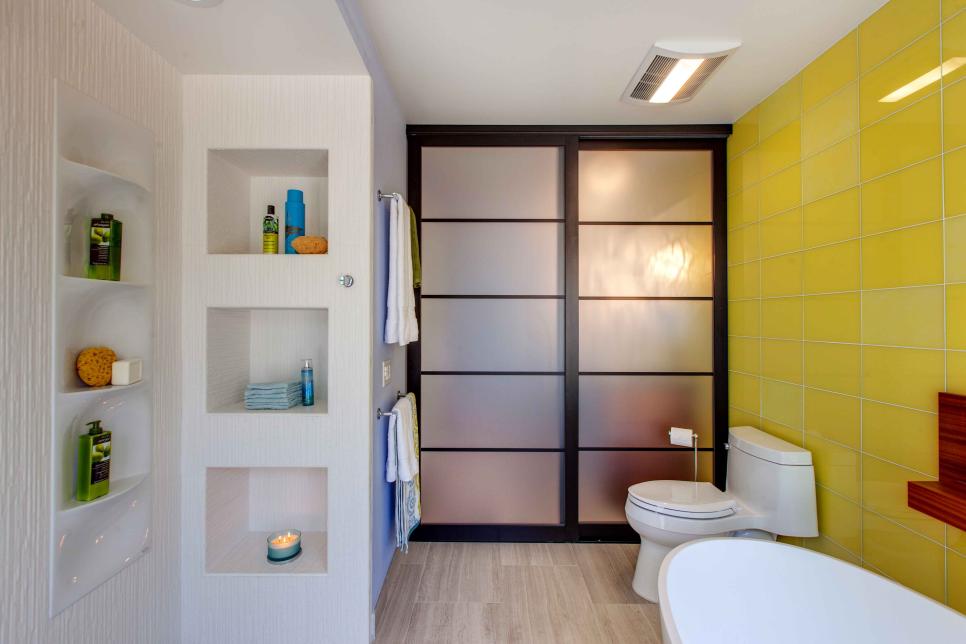 Yellow and White Modern Bathroom With Sliding Door Yellow and White Modern Bathroom