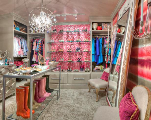 Luxurious Walk-In Closet With Pink Accents Luxurious Walk-In Closet With Pink Accents