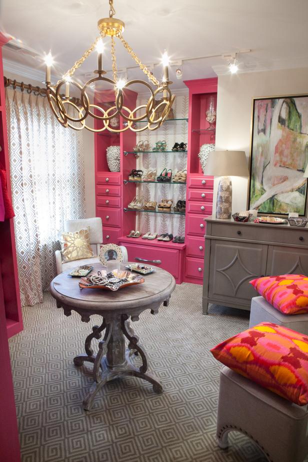 Glam Closet With Pink Shelving and Chandelier Glam Closet With Pink Shelving and Chandelier