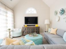 Neutral Contemporary Living Room With Gray, Yellow & Blue Accents