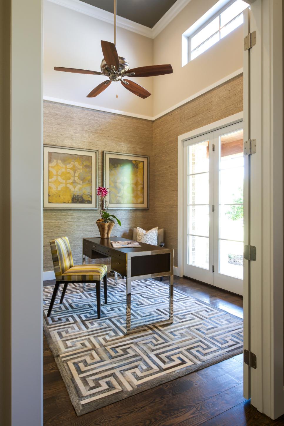 Contemporary Home Office Features Greek Key Area Rug & Sleek Wood Desk Contemporary Neutral Home Office
