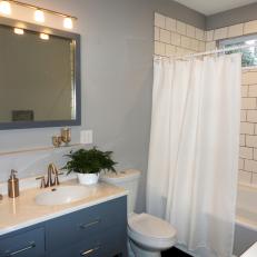 Gray, Contemporary Second Floor Bath with Double Vanity and Subway Tile Shower
