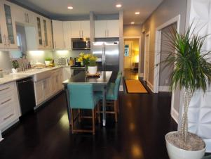 New, White Cabinets and Stainless Steel Dining Table in Bright, Contemporary Kitchen New, White Cabinets and Stainless Steel Dining Table in Bright, Contemporary Kitchen