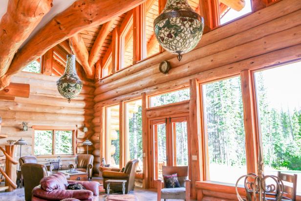 Living Area: Rustic Lakeside Estate in Chilko, British Columbia, Canada Large Living Area in Log Home
