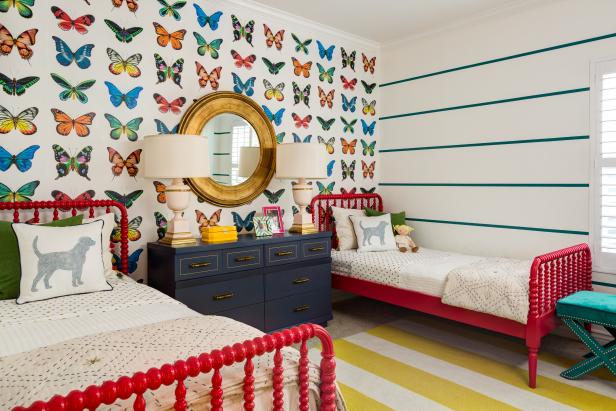 Colorful Girl's Bedroom With Butterfly Applique Accent Wall Colorful Girl's Bedroom With Butterfly Applique Accent Wall
