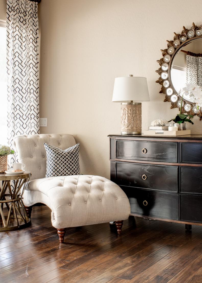 White Tufted Chaise and Dresser