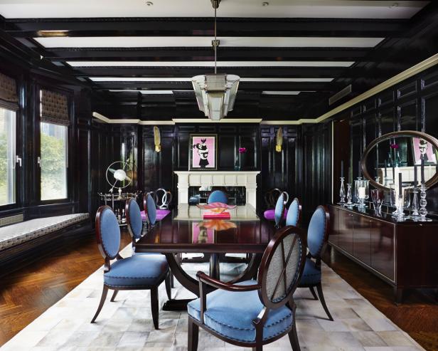 Black Lacquered Dining Room Dining Room With Black Walls, Exposed Beams, Blue Dining Chairs